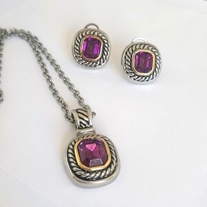 Vintage Boho Silver Chunky Purple Princess Cut Pendant Necklace Earrings Set